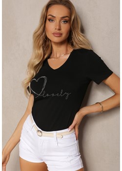 Czarny Bawełniany T-shirt z Ozdobnymi Cyrkoniami Obisara ze sklepu Renee odzież w kategorii Bluzki damskie - zdjęcie 171691829