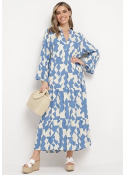 Niebiesko-Biała Rozkloszowana Sukienka z Wiskozy z Długimi Rozszerzanymi Rękawami Tesadie ze sklepu Born2be Odzież w kategorii Sukienki - zdjęcie 171695265