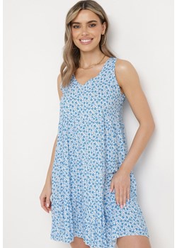 Niebieska Bawełniana Sukienka w Kwiaty z Falbanką Rissafa ze sklepu Born2be Odzież w kategorii Sukienki - zdjęcie 171695335