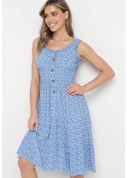 Niebieska Rozkloszowana Sukienka z Bawełny na Szerokich Ramiączkach z Gumką w Pasie Bellawish ze sklepu Born2be Odzież w kategorii Sukienki - zdjęcie 171695356