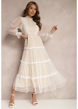 Biała Tiulowa Sukienka Maxi ze Wstawkami z Koronki i Ozdobnymi Guzikami Aovena ze sklepu Renee odzież w kategorii Sukienki - zdjęcie 171695475