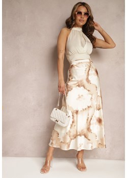Beżowa Satynowa Spódnica w Abstrakcyjny Print o Rozkloszowanym Fasonie Vetara ze sklepu Renee odzież w kategorii Spódnice - zdjęcie 171695495