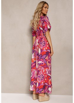Różowa Kwiecista Sukienka z Krótkim Rękawem z Rozcięciami i Gumką w Talii Gasara ze sklepu Renee odzież w kategorii Sukienki - zdjęcie 171695596