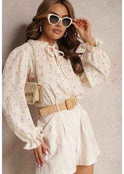 Beżowa Koszula z Wiązaniem przy Dekolcie Zapinana na Guziki Zdobiona Haftem Timahena ze sklepu Renee odzież w kategorii Koszule damskie - zdjęcie 171695779