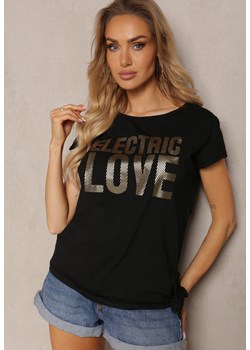 Czarny Bawełniany T-shirt z Nadrukiem i Ozdobnym Wiązaniem na Dole Baxena ze sklepu Renee odzież w kategorii Bluzki damskie - zdjęcie 171695789