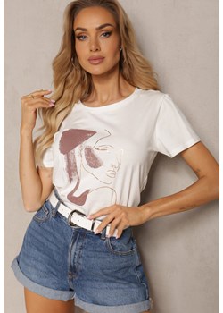 Biały Bawełniany T-shirt z Ozdobnym Nadrukiem Biola ze sklepu Renee odzież w kategorii Bluzki damskie - zdjęcie 171695829