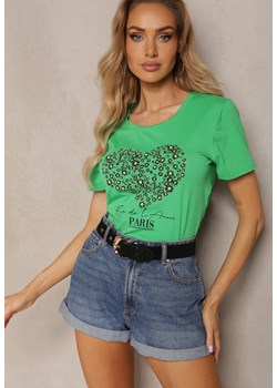 Zielony T-shirt z Bawełny Koszulka z Krótkim Rękawem i Nadrukiem z Cyrkoniami Kloena ze sklepu Renee odzież w kategorii Bluzki damskie - zdjęcie 171695849