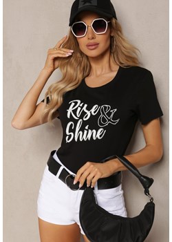 Czarny T-shirt z Bawełny z Krótkim Rękawem i Ozdobnym Nadrukiem z Cyrkoniami Quessara ze sklepu Renee odzież w kategorii Bluzki damskie - zdjęcie 171695859