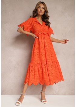 Pomarańczowa Bawełniana Sukienka o Rozkloszowanym Kroju z Haftem z Guzikami i Gumką w Pasie Lovarae ze sklepu Renee odzież w kategorii Sukienki - zdjęcie 171697657