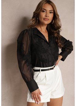 Czarna Koszula z Transparentnymi Rękawami i Koronką z Perełkami Ulani ze sklepu Renee odzież w kategorii Koszule damskie - zdjęcie 171697696