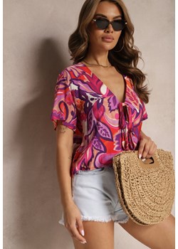 Różowo-Fioletowa Wiskozowa Bluzka z Krótkim Rękawem i Ozdobnymi Wiązaniami Naloelia ze sklepu Renee odzież w kategorii Bluzki damskie - zdjęcie 171697707
