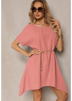Różowa Tunika Sukienka z Krótkim Rękawem i Asymetrycznym Wykończeniem Fumiana ze sklepu Renee odzież w kategorii Bluzki damskie - zdjęcie 171697757