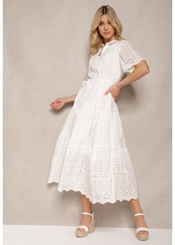 Biała Bawełniana Sukienka Ażurowa z Guzikami i Materiałowym Paskiem Mavara ze sklepu Renee odzież w kategorii Sukienki - zdjęcie 171697887