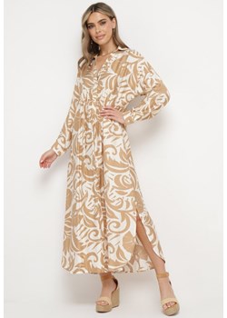 Beżowa Sukienka Szmizjerka Zapinana na Guziki z Falbanką Lavernia ze sklepu Born2be Odzież w kategorii Sukienki - zdjęcie 171698378