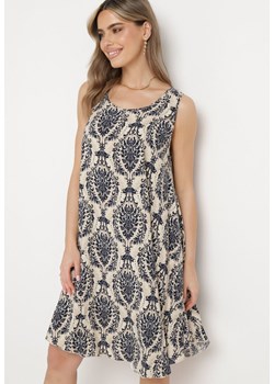 Beżowo-Granatowa Rozkloszowana Sukienka z Bawełny bez Rękawów Horrilla ze sklepu Born2be Odzież w kategorii Sukienki - zdjęcie 171698455