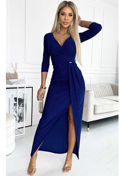 Błyszcząca długa sukienka z rozcięciem na nodze 404-8, Kolor chabrowy, Rozmiar L, Numoco ze sklepu Primodo w kategorii Sukienki - zdjęcie 171705026