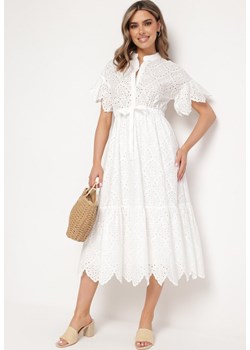 Biała Haftowana Sukienka z Bawełny z Guzikami i Gumką w Talii Melliara ze sklepu Born2be Odzież w kategorii Sukienki - zdjęcie 171941997