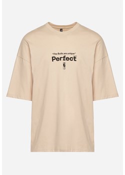 Beżowa Bawełniana Koszulka T-shirt z Krótkim Rękawem Ozdobiony Nadrukami Citara ze sklepu Born2be Odzież w kategorii T-shirty męskie - zdjęcie 171942478
