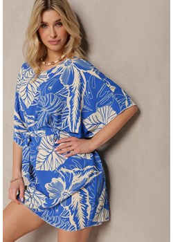 Niebiesko-Beżowa Kwiecista Sukienka z Krótkim Rękawem i Wiązaniem w Talii Fasila ze sklepu Renee odzież w kategorii Sukienki - zdjęcie 171943065
