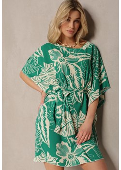 Zielona Kwiecista Sukienka z Krótkim Rękawem i Wiązaniem w Talii Fasila ze sklepu Renee odzież w kategorii Sukienki - zdjęcie 171943068