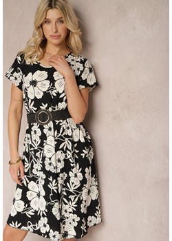 Czarno-Biała Kwiecista Sukienka z Krótkim Rękawem Harnella ze sklepu Renee odzież w kategorii Sukienki - zdjęcie 171943105