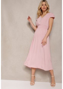 Jasnoróżowa Sukienka o Rozkloszowanym Kroju z Gumką w Talii i Guzikami Ebiana ze sklepu Renee odzież w kategorii Sukienki - zdjęcie 171943145
