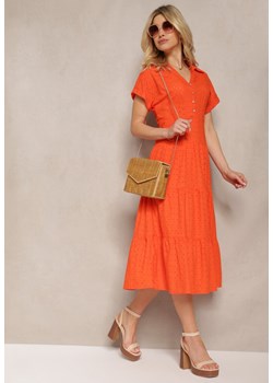 Pomarańczowa Ażurowa Sukienka z Bawełny z Krótkim Rękawem i Guzikami Obitha ze sklepu Renee odzież w kategorii Sukienki - zdjęcie 171943215