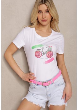Biały T-shirt Bawełniany z Nadrukiem i Cyrkoniami Ebilane ze sklepu Renee odzież w kategorii Bluzki damskie - zdjęcie 171943245