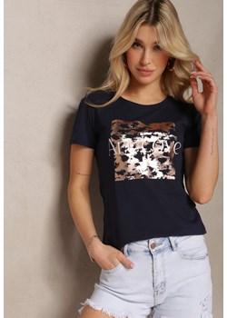 Granatowy T-shirt z Bawełny z Nadrukiem o Metalicznym Połysku Abiana ze sklepu Renee odzież w kategorii Bluzki damskie - zdjęcie 171943255