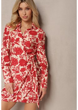 Czerwono-Beżowa Bawełniana Sukienka w Kwiaty o Kopertowym Kroju z Wiązaniem w Talii Fareena ze sklepu Renee odzież w kategorii Sukienki - zdjęcie 171943315