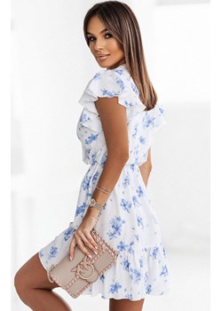 Sukienka mini z falbaną w kwiatowy print Butterfly 352, Kolor biało-niebieski, Rozmiar XS/S, Ivon ze sklepu Primodo w kategorii Sukienki - zdjęcie 171954556