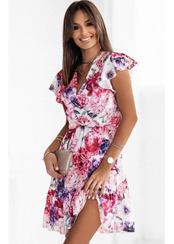 Sukienka mini z falbaną w różowe kwiaty Butterfly 352, Kolor biało-różowy, Rozmiar M/L, Ivon ze sklepu Primodo w kategorii Sukienki - zdjęcie 171954567
