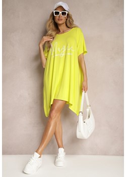 Żółta  Asymetryczna Sukienka Tunika z Wiskozy Ozdobiona Napisem Fiatta ze sklepu Renee odzież w kategorii Sukienki - zdjęcie 171959556