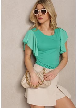 Zielony T-shirt z Bawełny z Rękawami Wykończonymi Falbankami Cometta ze sklepu Renee odzież w kategorii Bluzki damskie - zdjęcie 171959606