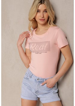 Jasnoróżowy Koszulka T-shirt z Bawełny z Krótkim Rękawem Ozdobiony Nadrukiem i Cyrkoniami Liarala ze sklepu Renee odzież w kategorii Bluzki damskie - zdjęcie 171959696