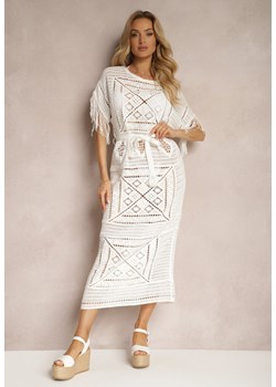 Biała Szydełkowa Sukienka Maxi z Frędzlami i Rękawem Typu Nietoperz Yumoto ze sklepu Renee odzież w kategorii Odzież plażowa - zdjęcie 171959699
