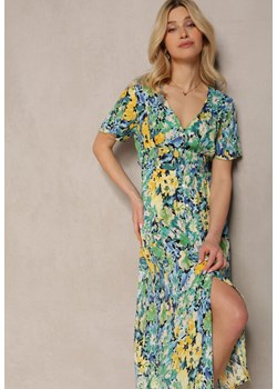 Zielona Rozkloszowana Sukienka z Gumką w Pasie i Guzikami w Kwiaty Zaloemina ze sklepu Renee odzież w kategorii Sukienki - zdjęcie 171959856