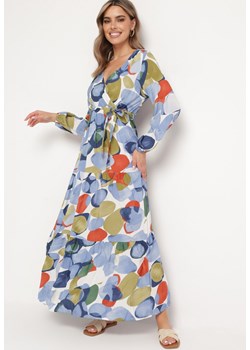 Niebieska Wiskozowa Sukienka z Gumką w Pasie i Materiałowym Paskiem z Trójkątnym Dekoltem Fumella ze sklepu Born2be Odzież w kategorii Sukienki - zdjęcie 171959988