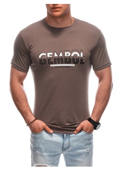 T-shirt męski z nadrukiem 1921S - brązowy ze sklepu Edoti w kategorii T-shirty męskie - zdjęcie 171983838