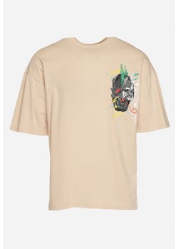 Beżowa Koszulka z Krótkim Rękawem T-Shirt z Nadrukiem z Przodu i na Plecach Franestia ze sklepu Born2be Odzież w kategorii T-shirty męskie - zdjęcie 171996267