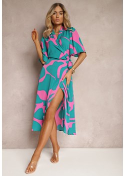Niebiesko-Różowa Sukienka o Kopertowym Fasonie z Wiązaniem w Talii Uzilena ze sklepu Renee odzież w kategorii Sukienki - zdjęcie 171996475