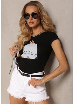 Czarny T-shirt z Bawełny z Ozdobnym Nadrukiem Janesto ze sklepu Renee odzież w kategorii Bluzki damskie - zdjęcie 171996599