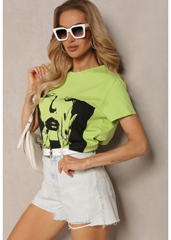 Jasnozielony T-shirt z Bawełny Ozdobiony Nadrukiem i Cyrkoniami Chinelia ze sklepu Renee odzież w kategorii Bluzki damskie - zdjęcie 171996629
