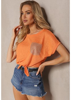 Pomarańczowy Casualowy T-shirt Ozdobiony Cyrkoniami i Wiązaniem Efika ze sklepu Renee odzież w kategorii Bluzki damskie - zdjęcie 171996639