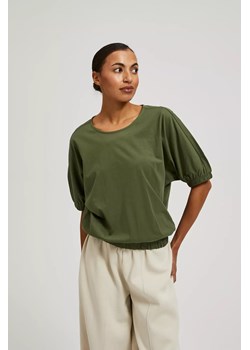 Bluzka z bufiastymi rękawami i okrągłym dekoltem khaki ze sklepu Moodo.pl w kategorii Bluzki damskie - zdjęcie 172000286