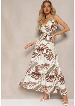 Jasnozielona Kopertowa Sukienka Rozkloszowana z Florystycznym Printem i Cienkimi Ramiączkami Jasara ze sklepu Renee odzież w kategorii Sukienki - zdjęcie 172004807