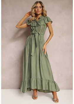 Zielona Sukienka z Materiałowym Paskiem i Wiskozą Wykończona Guzikami i Falbanką Hanesi ze sklepu Renee odzież w kategorii Sukienki - zdjęcie 172004837
