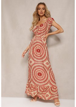Beżowo-Czerwona Rozkloszowana Sukienka z Wiskozy z Gumką w Pasie i Wiązaniem przy Dekolcie Xicia ze sklepu Renee odzież w kategorii Sukienki - zdjęcie 172005008
