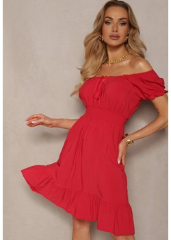 Czerwona Sukienka z Wiskozy z Gumkami w Talii i Dekoltem ze Ściągaczem Tiimazela ze sklepu Renee odzież w kategorii Sukienki - zdjęcie 172019249