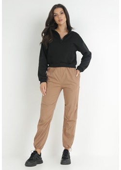 Ciemnobeżowe Bawełniane Spodnie z Gumką w Pasie Vemivi ze sklepu Born2be Odzież w kategorii Spodnie damskie - zdjęcie 172031276